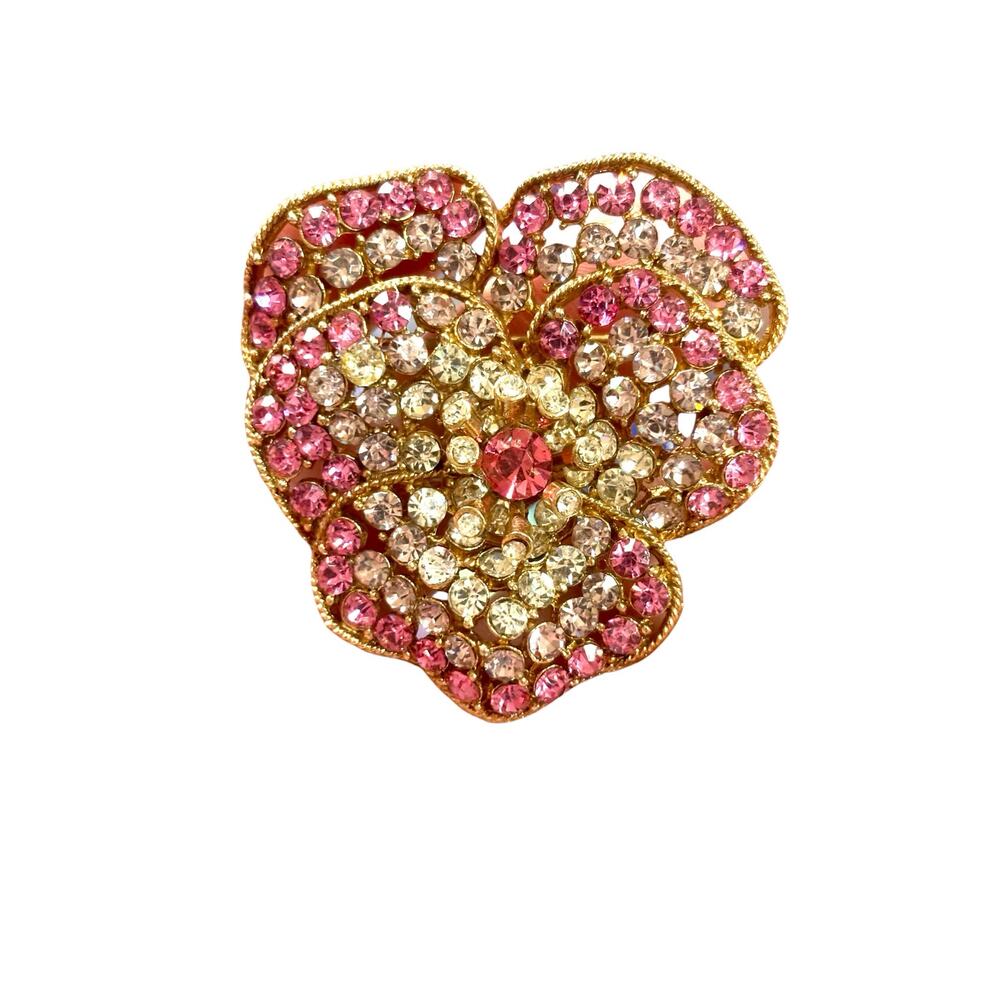Vintage Capri Signed Pink Rhinestone Flower Brooch Gold Tone Floral Statement